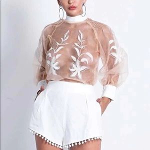 Embroidered Mesh rhinestone detailed top and short set